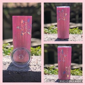 Coffee mug hand made with pink glitter with flowers